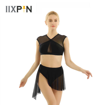 Women Asymmetric Lyrical Dance costume ballet leotard dress Contemporary dance Sleeveless Criss Cross Crop Tops with Short Skirt