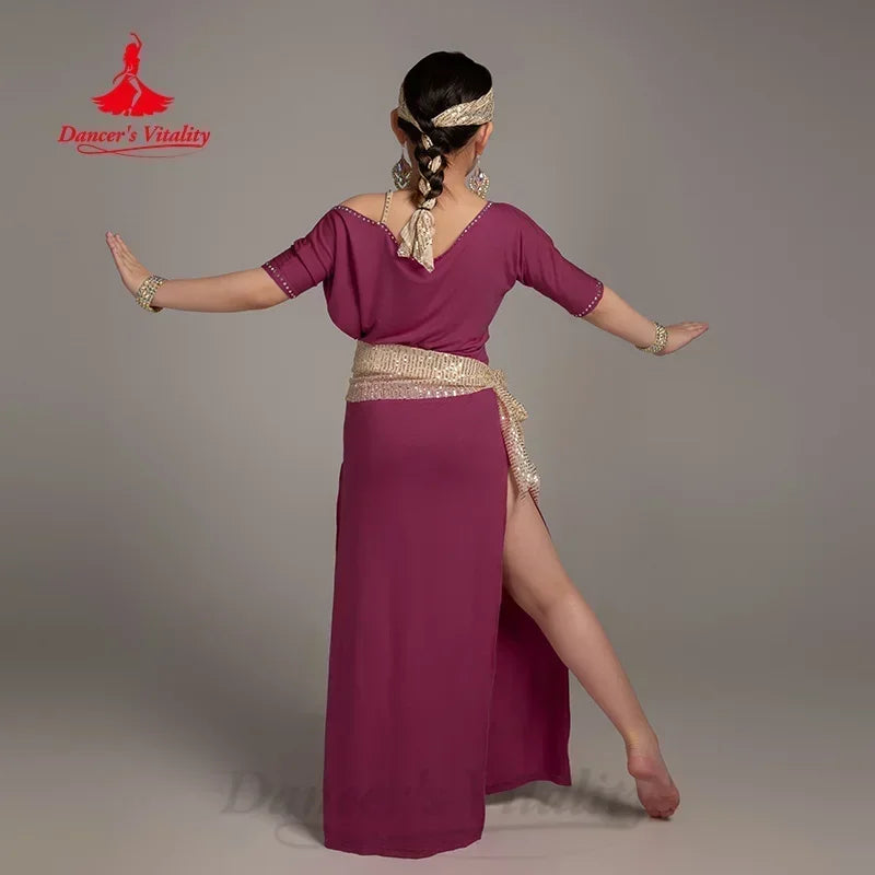 Belly Dance Kid Practice Clothes Loose and Comfortable Modal Robe+Hip Scarf+Headscarf 3pcs Girls' Belly Dance Training Clothing