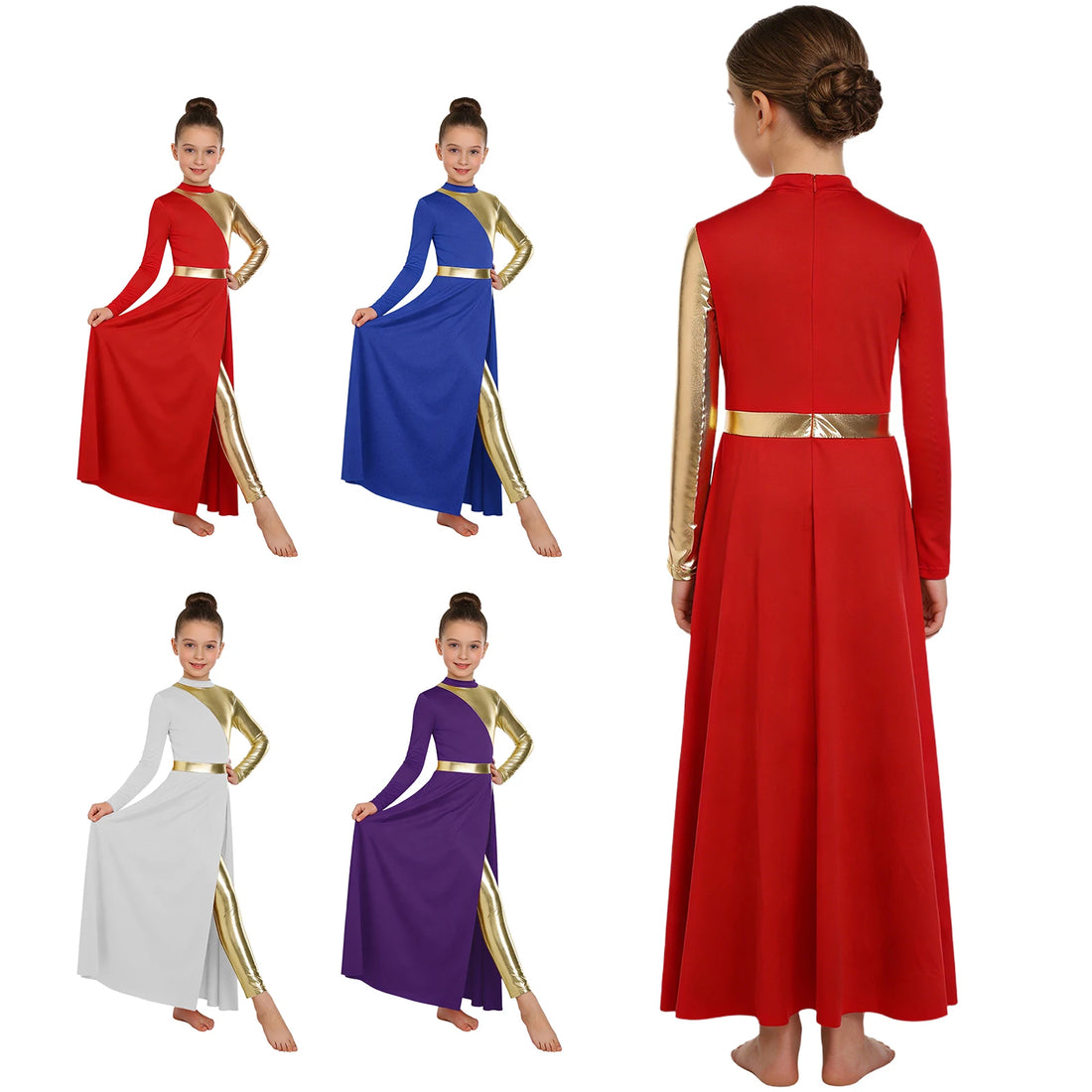 Teens Liturgical Praise Lyrical Dance Dress Girls Color Block Dress with Built-in Leggings Kids Worship Ballroom Dance Costume