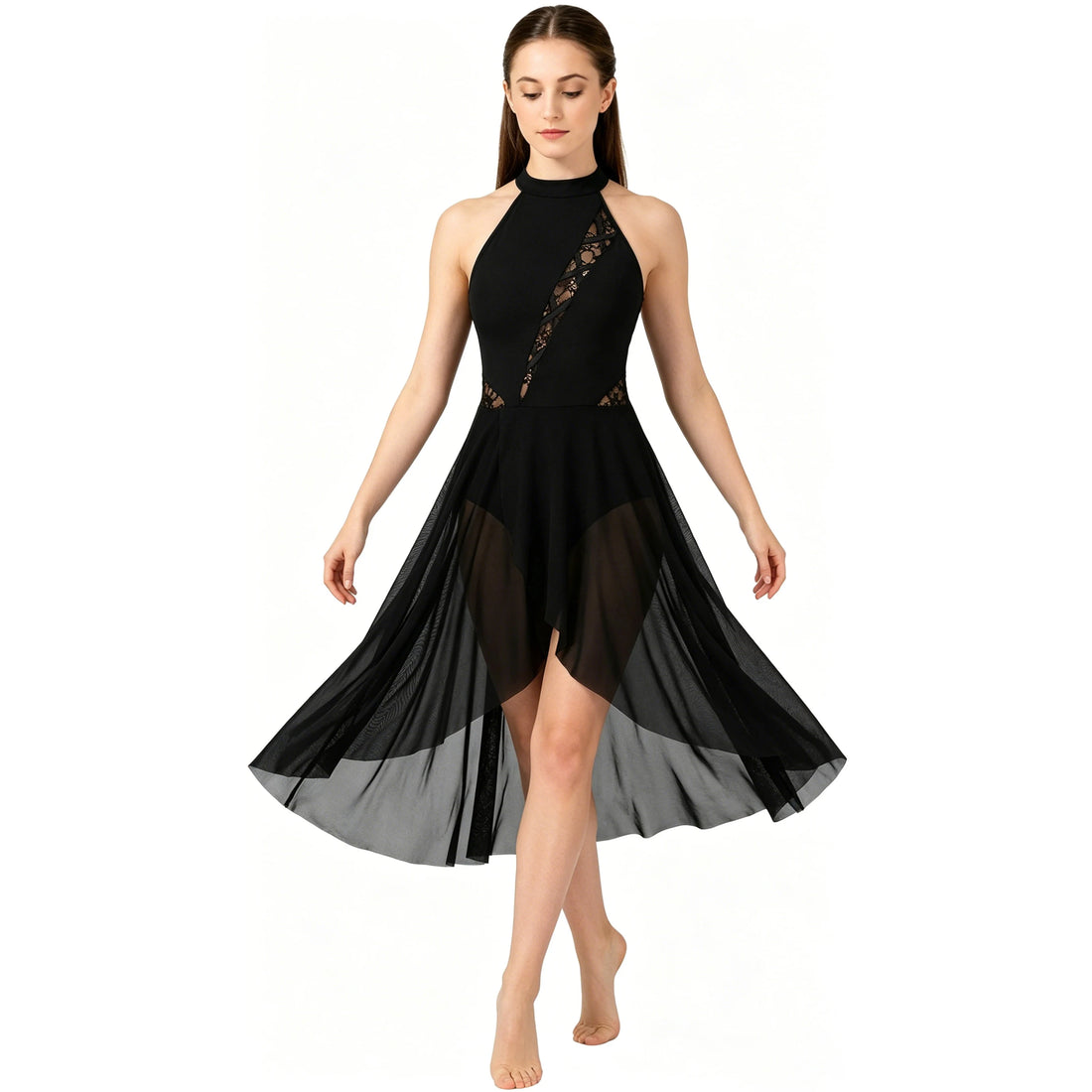 Lyrical Dance Costumes for Women Lace Flower Insets Lyrical Dress Flowy Chiffon Leotard Skirt Contemporary Dance Costumes