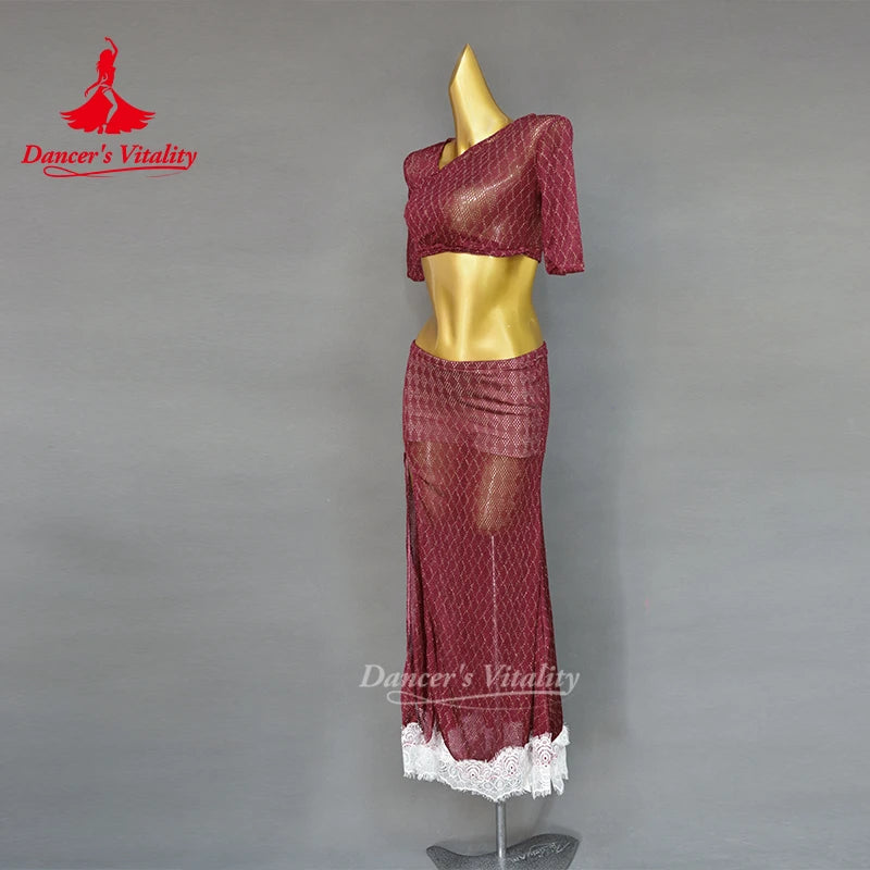 BellyDance Practice Clothes for Women Half Sleeves Top+lace Long Skirt 2pcs Girl's Oriental Belly Dancing Stage Wear Outfit
