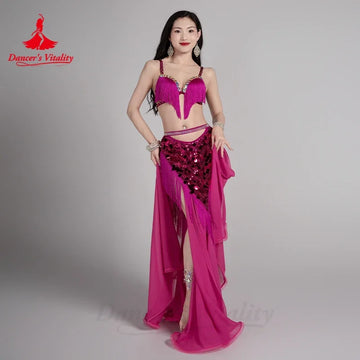 Belly Dancing Set for Women Custom Senior AB Stones Tassel Bra+Sequined Chiffon Long Skirt 2pcs Belly Dance Performance Costume