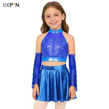 Girls Jazz Latin Dance Outfits Sequins Crop Top Tutu Skirt and Gloves Hip Hop Clothes Raves Halloween Carnival Festivals Costume
