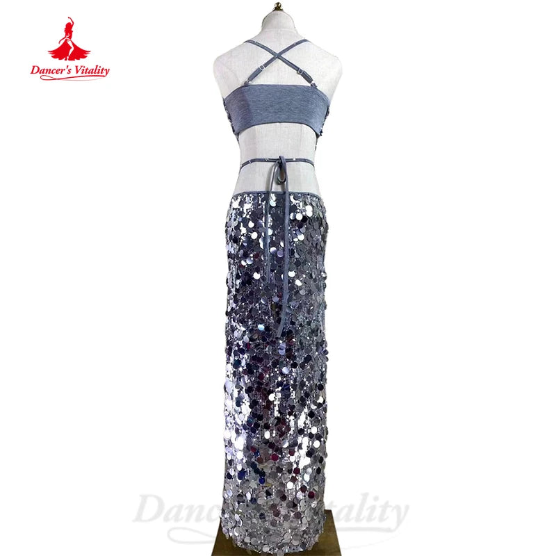 Belly Dancer Costume Suit Women Customsized Big Sequins Vest Top+split Long Skirt 2pcs Performance Professional Bellydance Set
