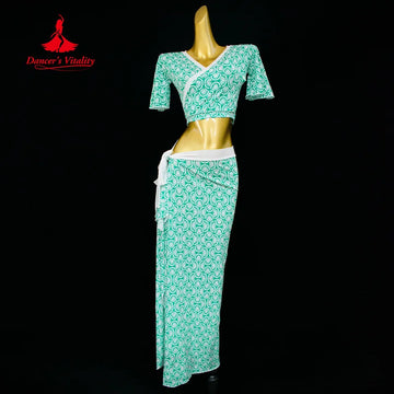Belly Dance Practice Clothing for Women - V-neck Short sleeved Top+Sexy Long Skirt 2pcs Adult Oriental Dance Training Set