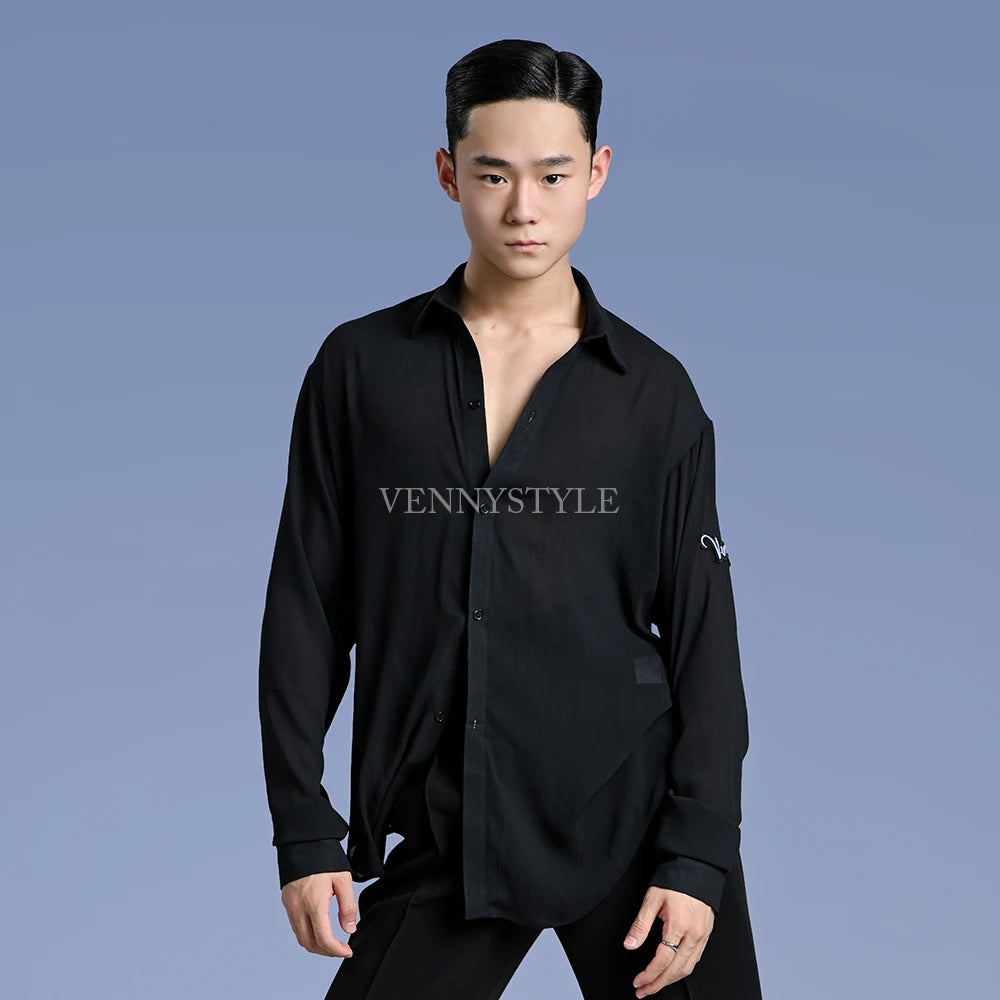 Vennystyle Latin Dance Men's Dance Shirt Professional Dance Training shirt Simple long sleeve dance shirt