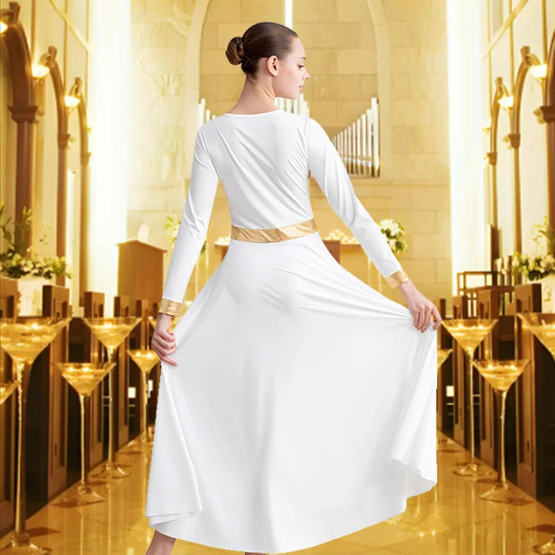 Women's Metallic Block Long Sleeve Praise Dance Dress for adult Church Worship Liturgical Skirts with No crotch and Soft Lining