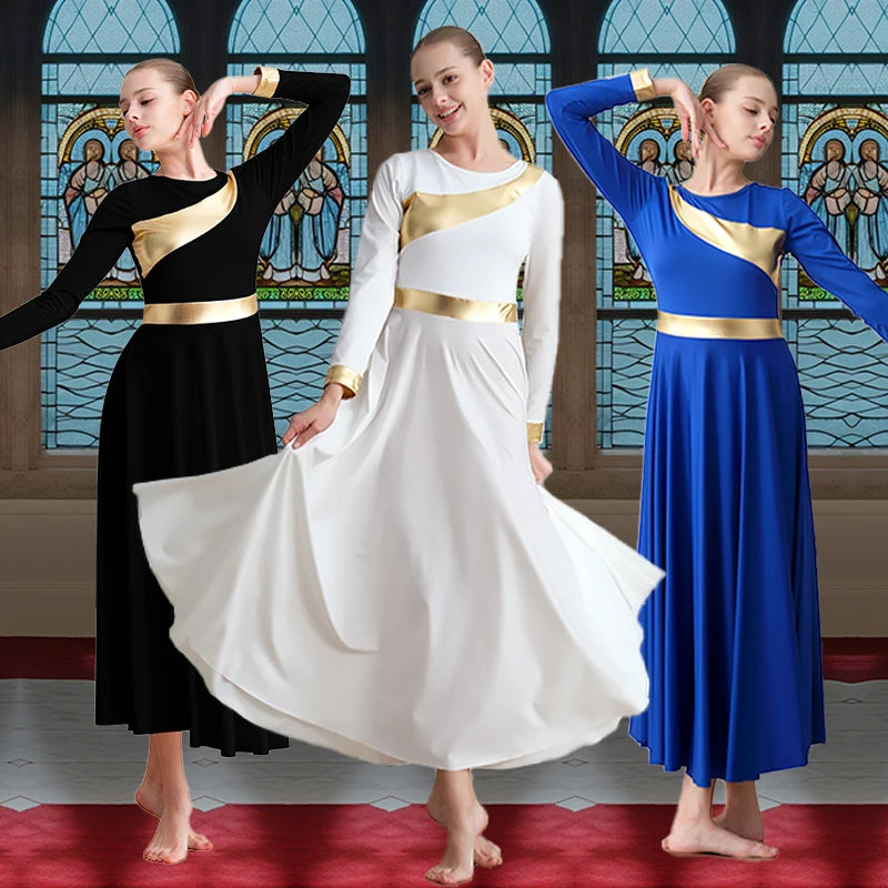 Women Praise Dance Dress with Metallic Splicing Long Sleeve Liturgical  Worship Dress Church Choir Worship Praise Dress ﻿ ﻿