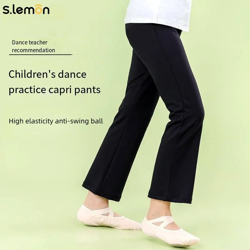 S.lemon Girls High Waist Loose Dance Trousers-Black Straight Flare Leg Pants for Chinese Dance Training, Kids Gymnastics Outfits