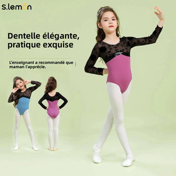 S.lemon Girls Ballet Leotard Kids Long Sleeve Lace & Velvet Patchwork One-Piece for Chinese Dance Gymnastics Bodysuit