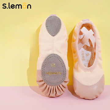 Girls Ballet Dance Shoes-Leather Toe Canvas Combination Cow Suede Soft Sole Cat Paw Shoes for Folk Dance Training Toddler Kid