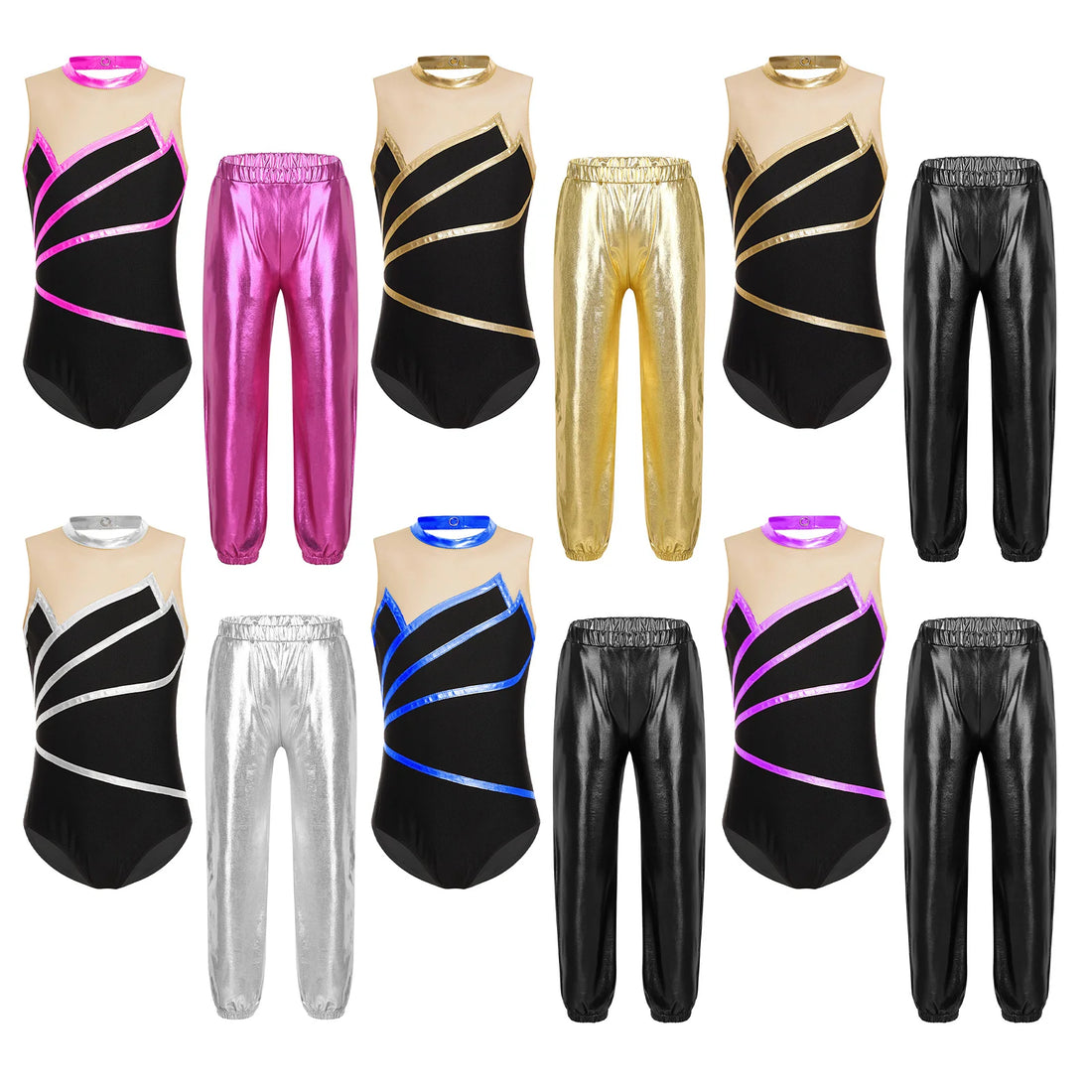 Kids Girls Sleeveless Ballet Gymnastics Leotard with Metallic Pants Dancewear for Ice Skating Workout Performance Sports Set