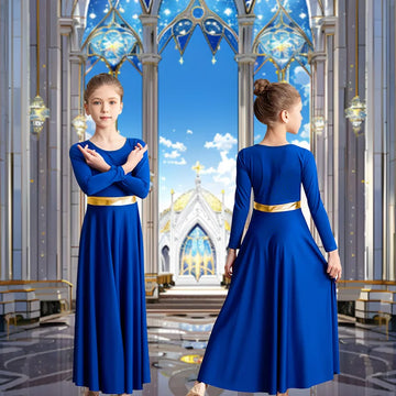 Girls's Praise Dance Dress Long Sleeve Loose Fit Church Dancewear Metallic Full Length Liturgical Worship Costume Dance Dress