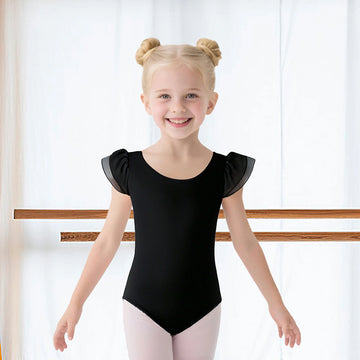 Girls Black Ballet Leotards Double Chiffon Sleeves Gymnastic Dance Leotards  Crisscross Straps Back Dancewear ﻿