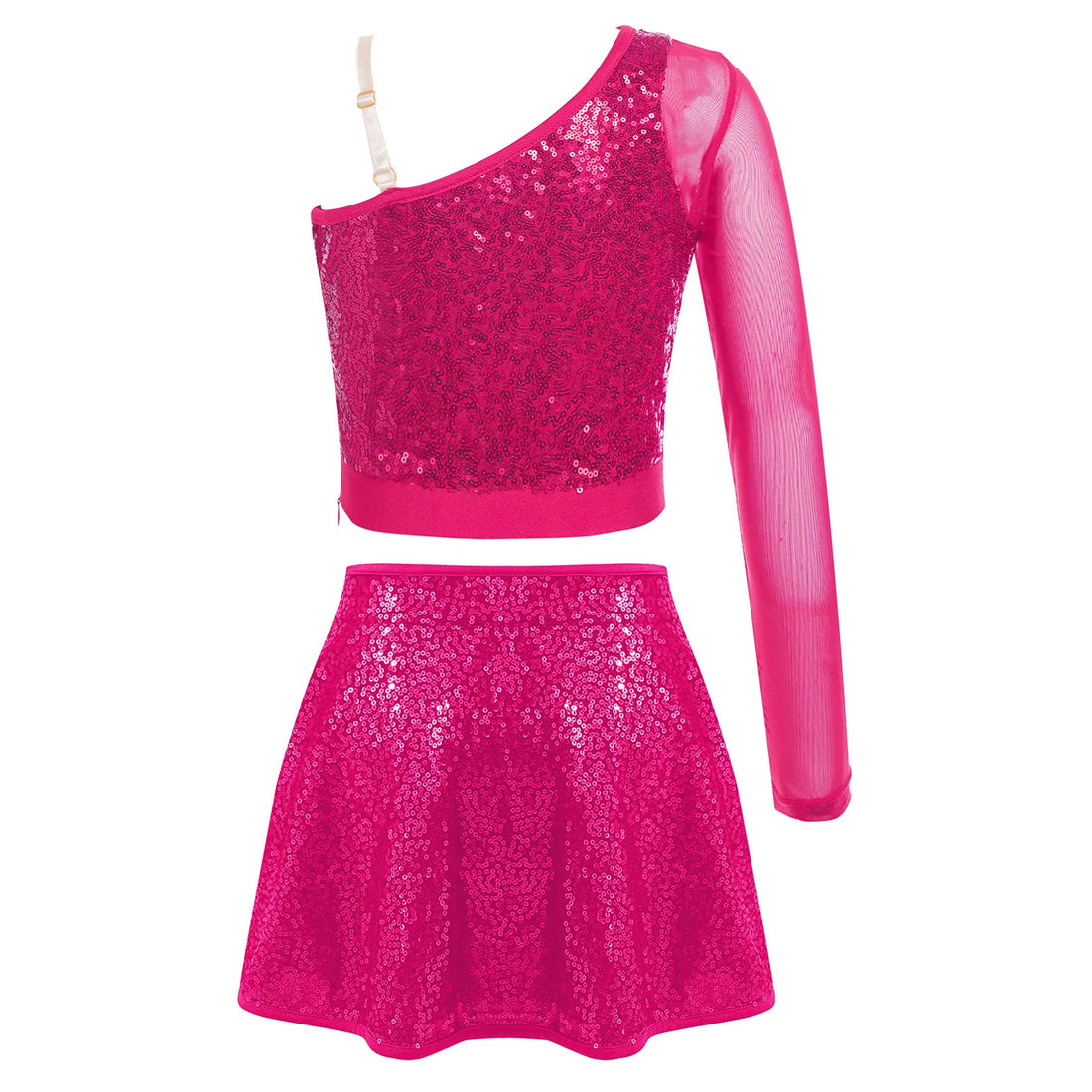 Kids Girls Jazz Latin Dance Costume Sheer Mesh One Shoulder Side Zipper Crop Top with Sequins Skirt Stage Performance Costume