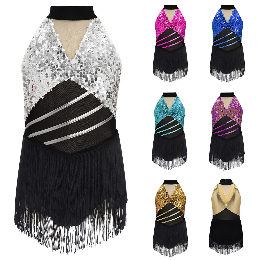 Kids Girls Jazz Fringed Jumpsuit Sparkly Sequins Cha-cha Latin Dance Costume Halter Rumba Tango Tassel Leotard Dress Dancewear