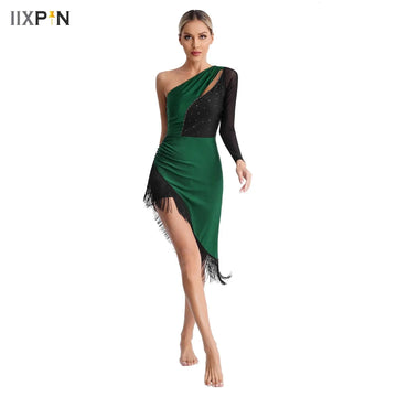 Latin Dance Dress Sequins Cha Cha Tango Dancing Dress Womens Cabaret Tassel Shiny Rhinestones One Shoulder Prom Ballroom Dress