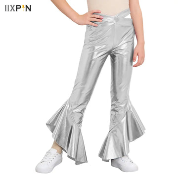 Kids Girls Jazz Latin Dance Pants Stage Performance Costume Metallic Flared Pants Cross Waistband Ruffles Bell-Bottom Trousers