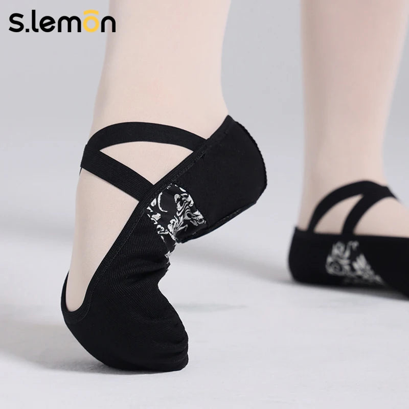 S.lemon Black Elastic Dance Shoes for Women – Soft Cow Velvet Sole, Ethnic Style Ballet Slippers for Ballet, Yoga & Folk Dance