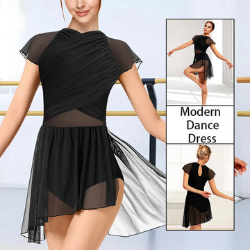 Women's Lyrical Short Sleeve Modern Dance Dress with Asymmetric High-Low Mesh Skirted and Soft Lining Camisole Leotard Dress