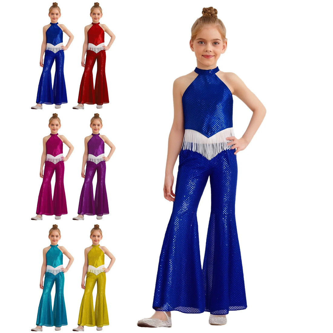 Kids Girls Hip Hop Jazz Dance Outfit Sequin Crop Top with Bell-Bottomed Pants Set Carnival Disco Dance Stage Performance Costume