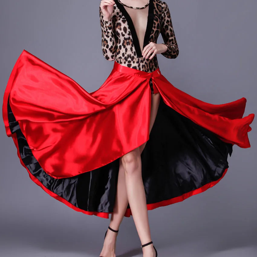 Women Belly Dance Red Hook Loop Spanish Flamenco Skirt Plus Size Female Gypsy Girls Satin Silk Dress Performance Dancing Cloth