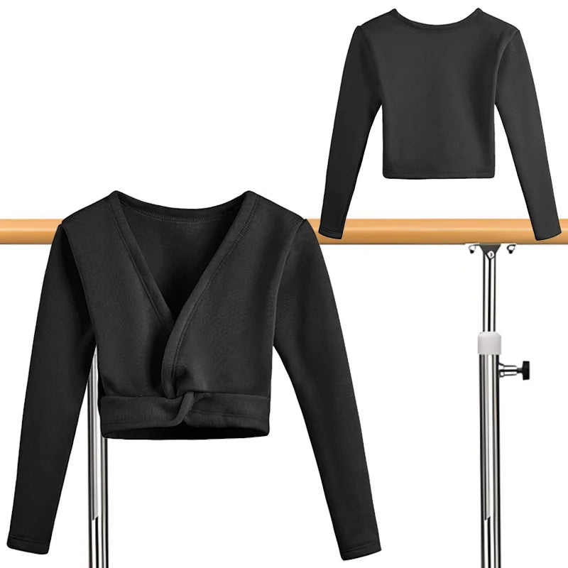 Girls Long Sleeve V-neck Ballet Dance Leotards for kid Gymnastic Dance Wrap Cardigan Tops with Velvet Inne Dance Sweater