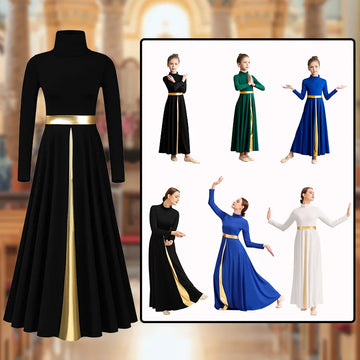 Women's Metallic Block Long Sleeve Praise Dance Dress for Adult&girl Worship Liturgical Costumes with Folding Neck and No crotch