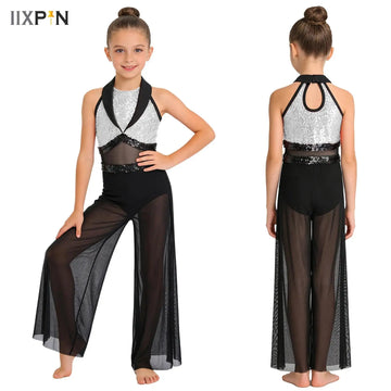 Kids Girls Jazz Dance Jumpsuit Latin Lyrical Ballroom Dancewear Sleeveless Built-in Briefs Bodice Mesh Wide-Leg Bodysuit Clothes