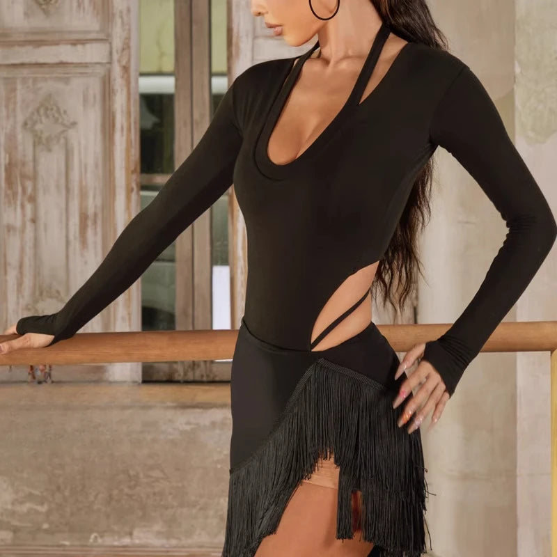 UK Latin Dancewear Wommen High Waist Skirt with Built-in Shorts Dense Fringe Irregular Hem Stretch Women Practice Performance