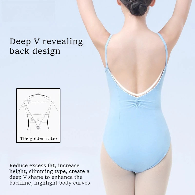 Women Ballet Leotard Blue Camisole High-Waisted– Stretch Cotton Dance Bodysuit for Ballet, Gymnastics, Modern & Chinese Dance
