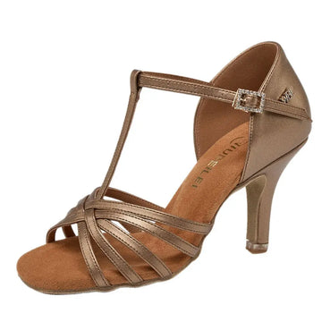 UK Latin Dance Shoes Women's T-Strap Professional Satin Mid Heel with Flexible Genuine Leather Sole for Cha Cha
