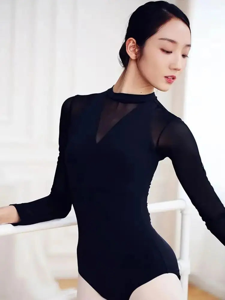 Women's Long Sleeve Ballet Leotard Dance Costume Mesh Splice Adult Gymnastics Swimsuit Elastic Bodysuit for Fitness And Yoga