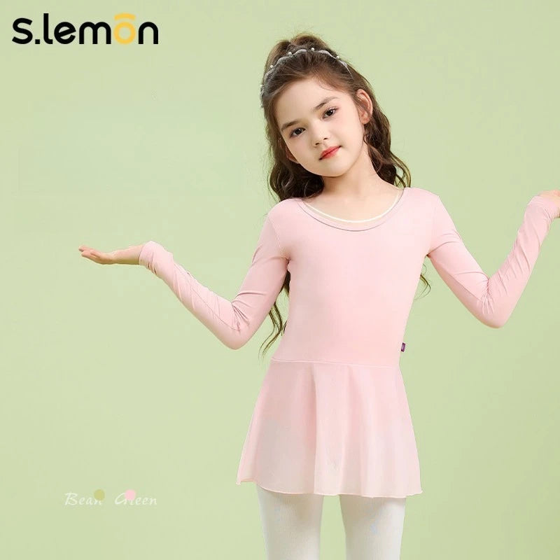 Girls Ballet Leotard Long Sleeve with Mesh Skirt – One-Piece Dance Bodysuit for Chinese Dance, Gym & Audition