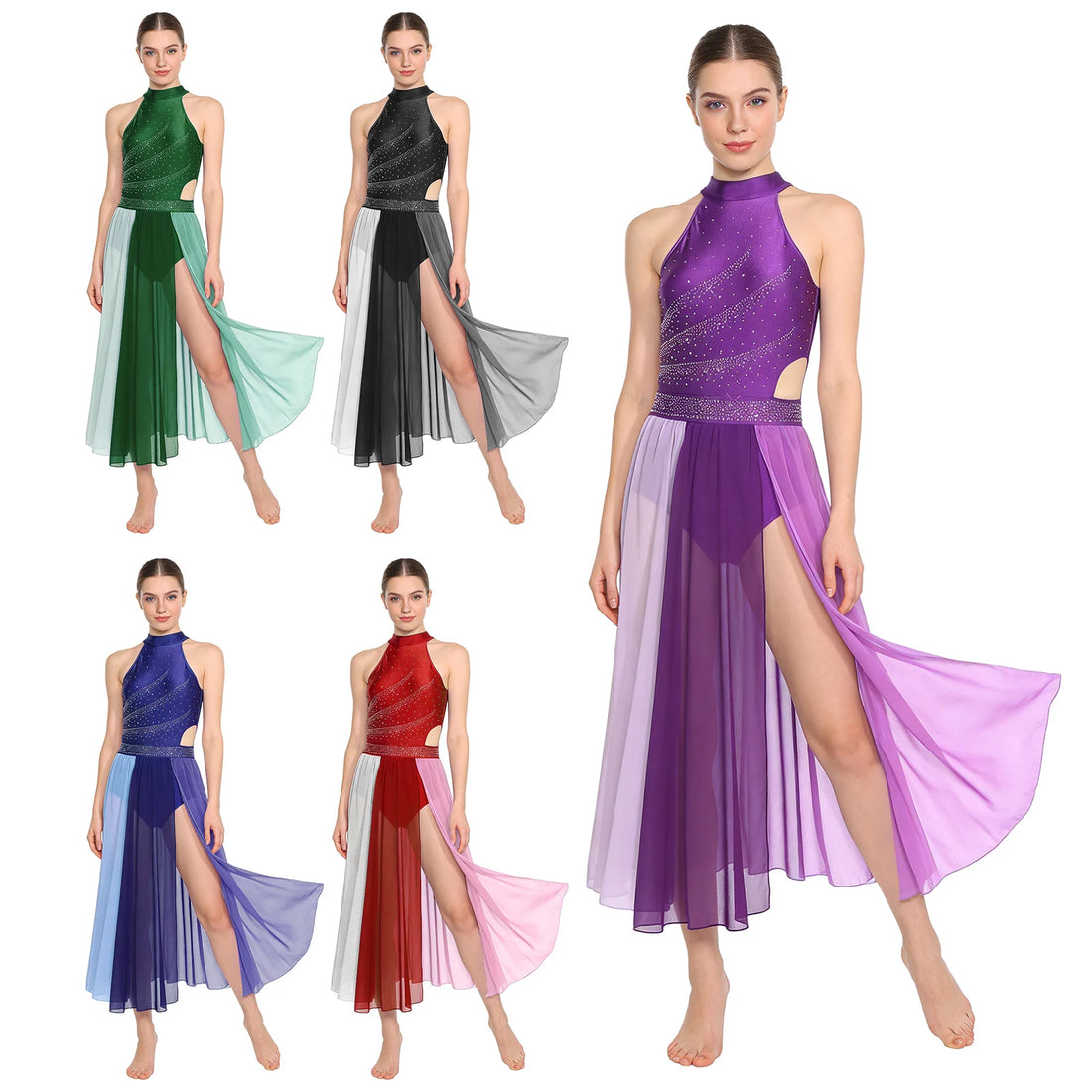 Womens Sleeveless Lyrical Performance Ballet Dance Leotard Overlay Skirt Figure Skating Modern Contemporary Dancewear Split Maxi