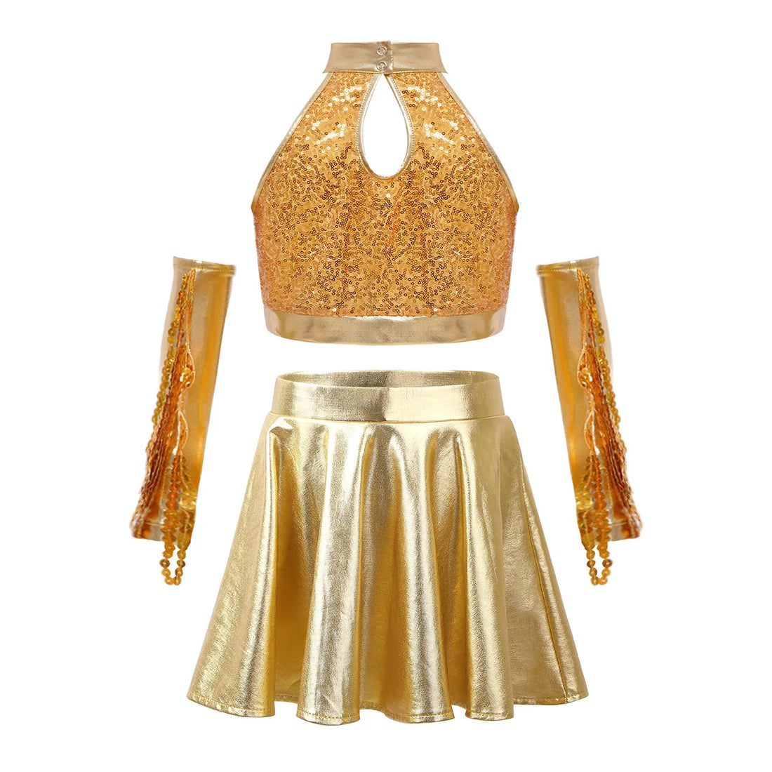 Girls Jazz Latin Dance Outfits Sequins Crop Top Tutu Skirt and Gloves Hip Hop Clothes Raves Halloween Carnival Festivals Costume