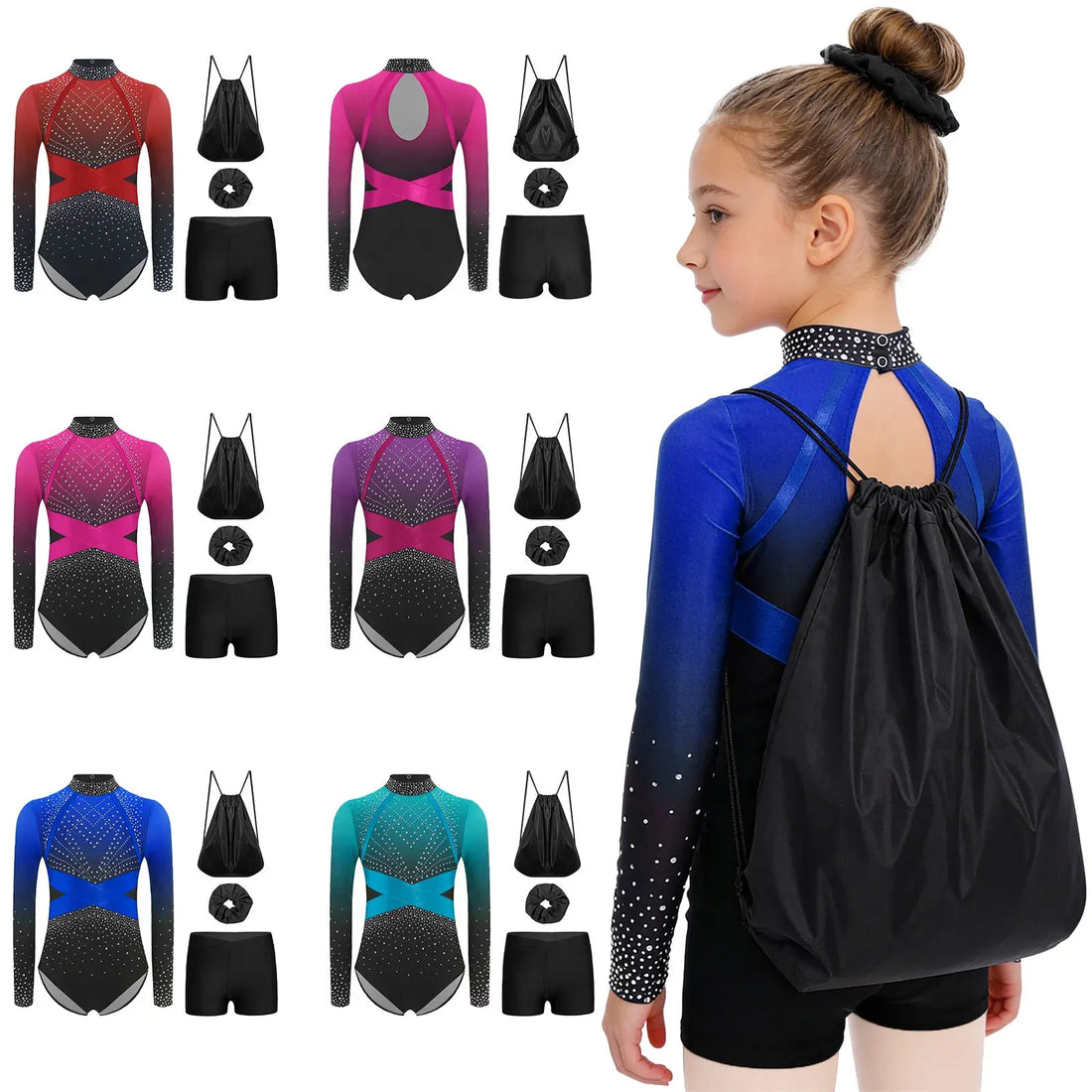 Girls Rhinestone Gymnastics Ballet Leotard Long Sleeve Bodysuit with Shorts Bag Athletic Figure Skating Competitions Dancewear