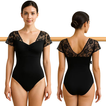 Women's Lace Short Sleeve Ballet Dance Leotards for adult Gymnastics Dance Tops with Drawstring V Necklin and Hollow Back