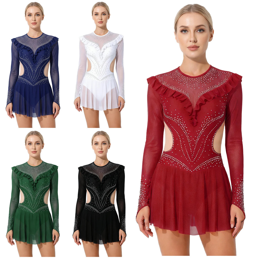 Women Gymnastics Ballet Latin Dance Dress Figure Skating Leotard Tutu Rhinestone Mesh Ruffled Skirted Leotard One Piece Jumpsuit