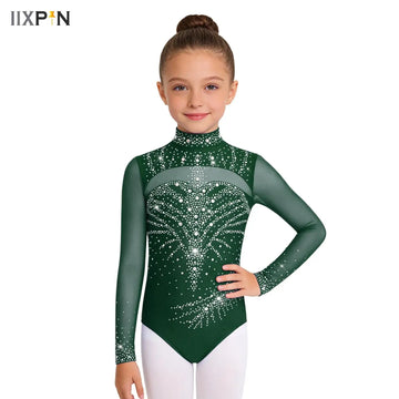 Kids Girls Gymnastics Dance Leotard Long Sleeve Sparkly Rhinestone Ballet Dresses Performance Competition Skating Bodysuit