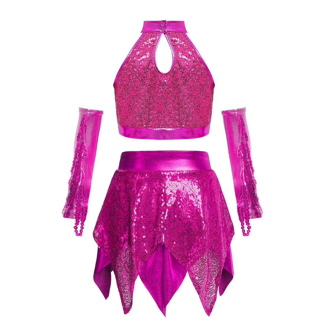 Kids Girls Sequin Disco Hip Hop Jazz Dance Outfit Crop Top with Skirt Tassel Arm Sleeves Set Disco Modern Ballet Dancewear