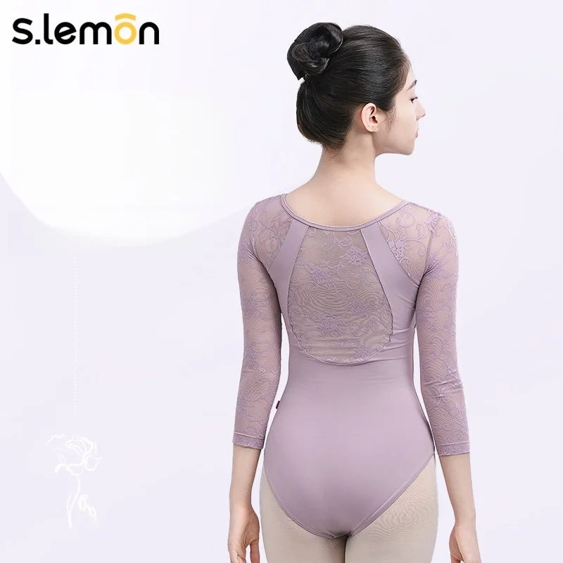 S.lemon Women Lycra Ballet Dance Leotard 3/4 Sleeve Lace Panel High Waist Slim Fit Black/Mist Purple