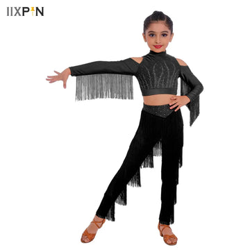 Kids Latin Dance Fringe Tassel Dress Shiny Rhinestones Crop Top with Ballroom Pants Girls Salsa Samba Children Stage Outfits