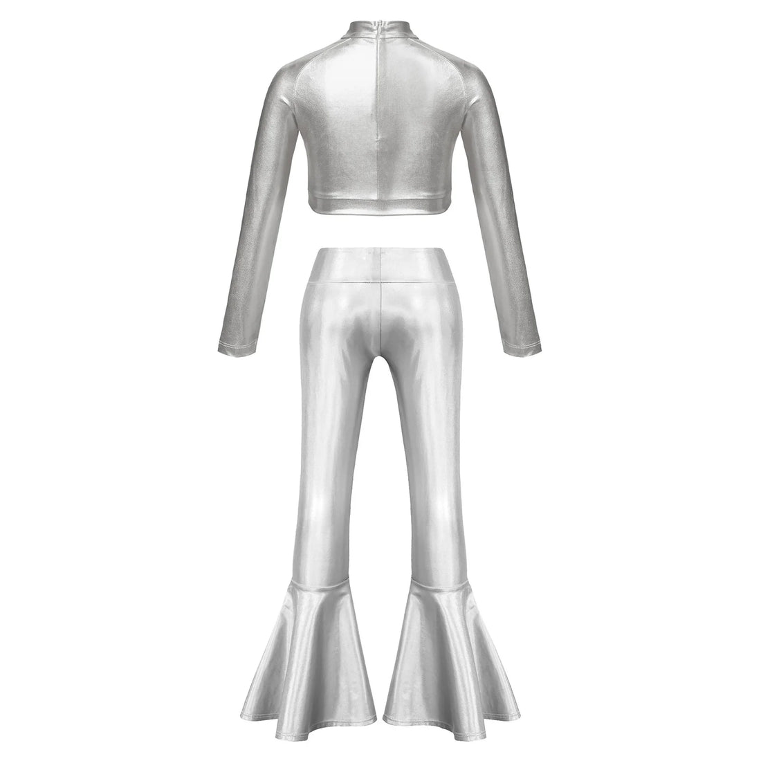 Kids Girls Sequins Hip Hop Dance Sets Long Sleeve Metallic Crop Top with Flare Pants for Jazz Ballroom Latin Performance Costume