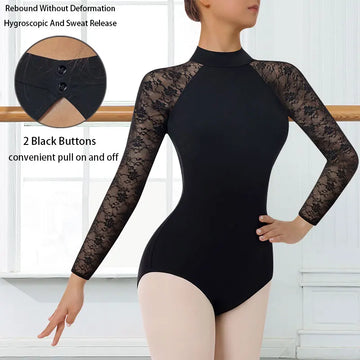 Women Turtleneck Long Sleeves Ballet Dance Leotards for Adult Gymnastics Dance Tops with Water-drop Hollow Back and Soft Lining