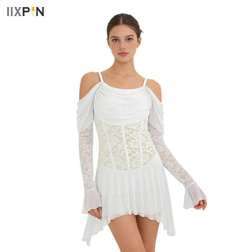 Women Lyrical Dance Dress Floral Lace Latin Dance Wear Gymnastics Overlay Skirts Tango Modern Ballet Stage Performance Costume