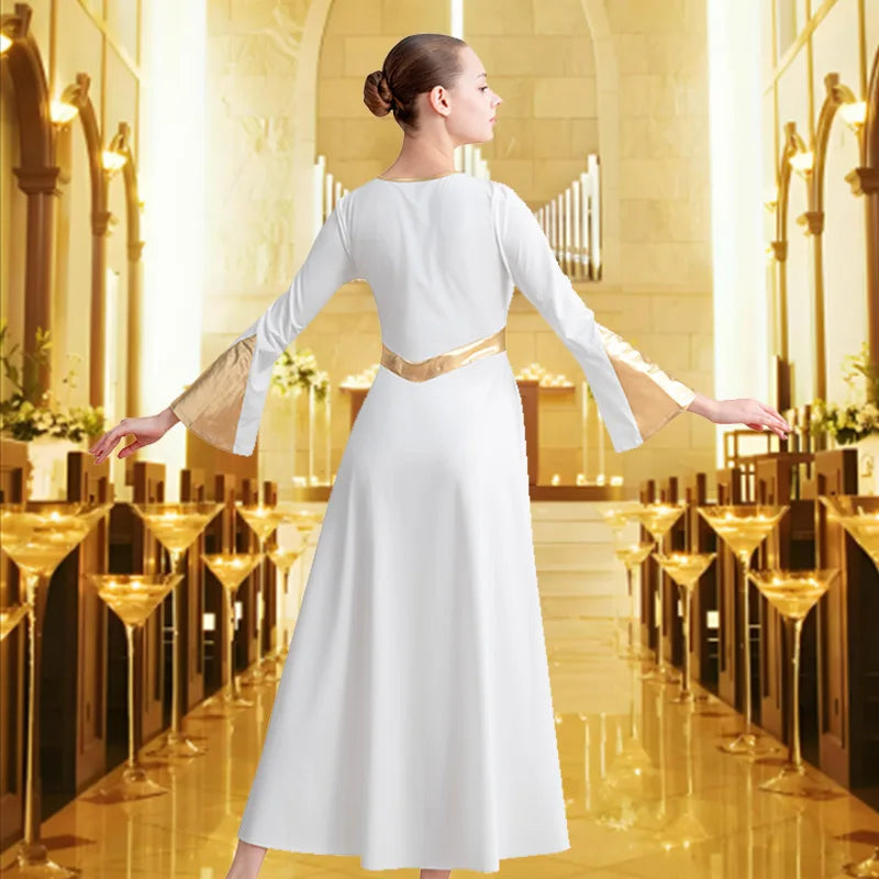 Women's Metallic Block Long Sleeve Praise Dance Dress for adult Christmas Church Worship Skirts with No crotch and Soft Lining