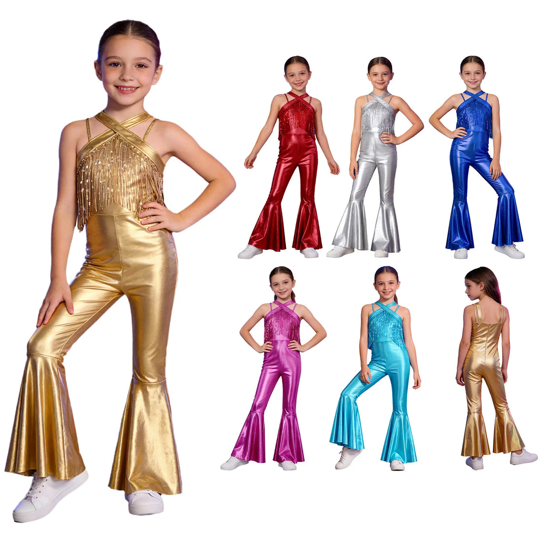 Girls 70S Disco Jumpsuit Metallic Shiny Sequins Tassels Bodysuit Vintage Hippie Bell Bottom Jazz Dance Rave Party Romper Costume