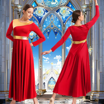 Women Christmas Long Sleeve Metal Splice Praise Dance Dress for adult Church Worship Liturgical Robes with Flared Swing Skirts