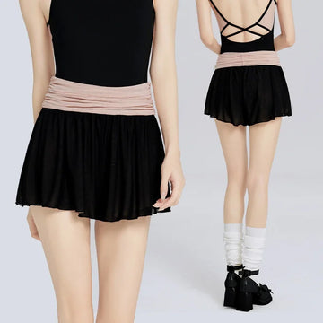 Women Ballet Skirte Mesh Double-sided Dance Culottes Contrast Training Dance Short Pants Fitness Yoga Swimwear Skirts